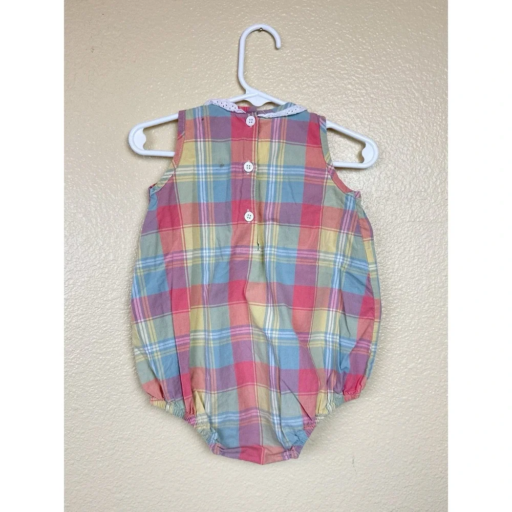 Dondolo Pastel Plaid Bubble Romper Smocked Blue Pink Yellow 12M 100% Cotton